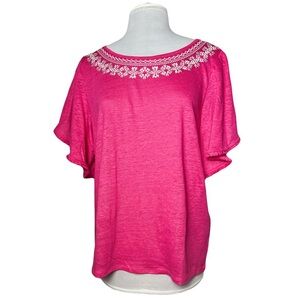 Chico’s | Pink Linen Embroidered Fringe Flutter Sleeve Top, Size 2 (Large)